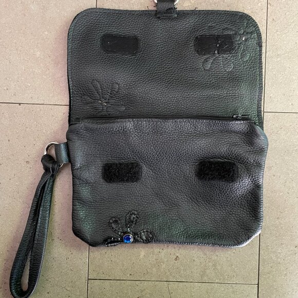 Navy Blue Leather Purse/Clutch with Flower Appliques and  Handle - Picture 3 of 8